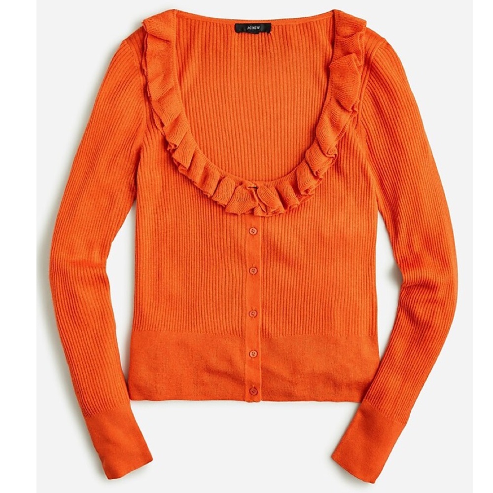 J. Crew Silk-Cashmere Ruffle Ribbed Knit Button Front Cardigan Orange Size XL